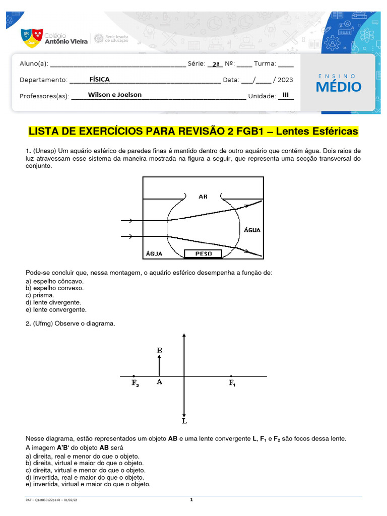 Lista de Exercícios de Revisão - LENTES ESFÉRICAS | PDF | Espelho | Física