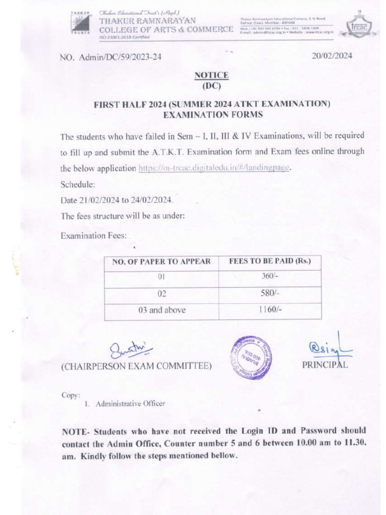 Atkt Examination Notice For First Year and Second Year Regular Students ...