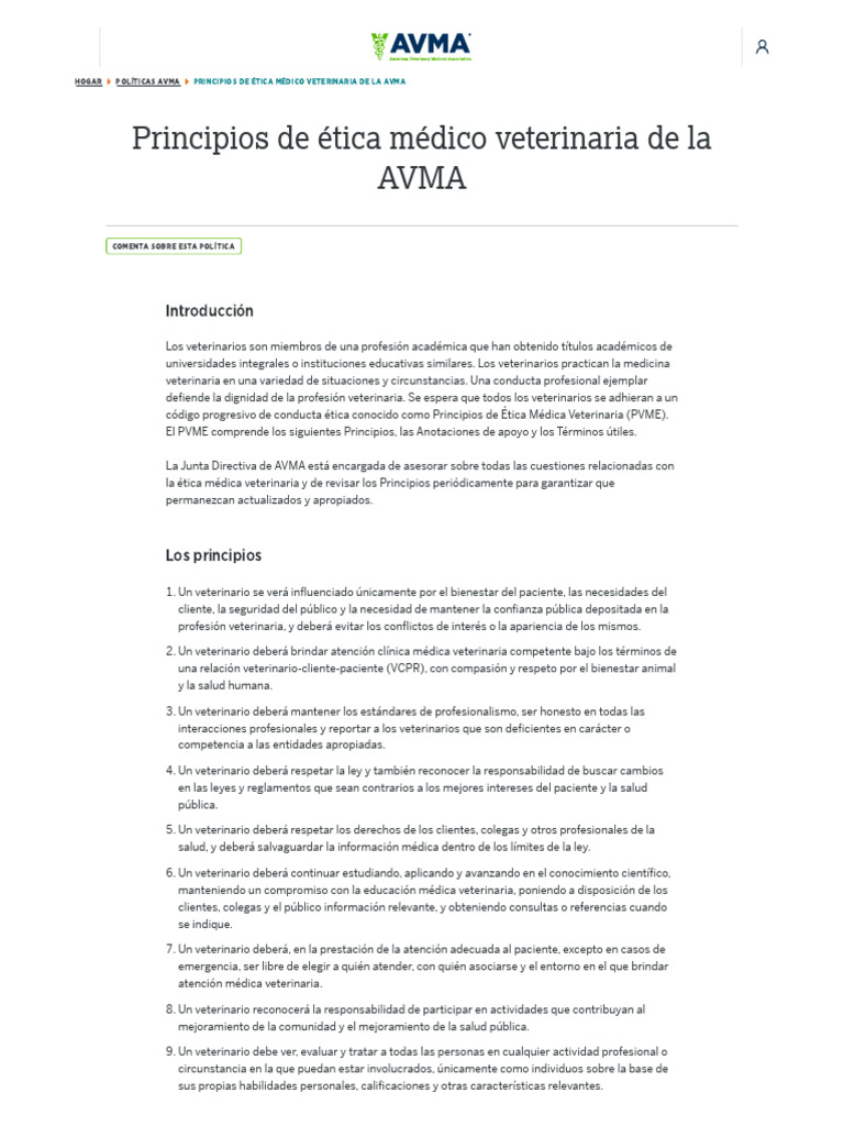 Principios Éticos de la Veterinaria AVMA | PDF | Medicina Veterinaria ...