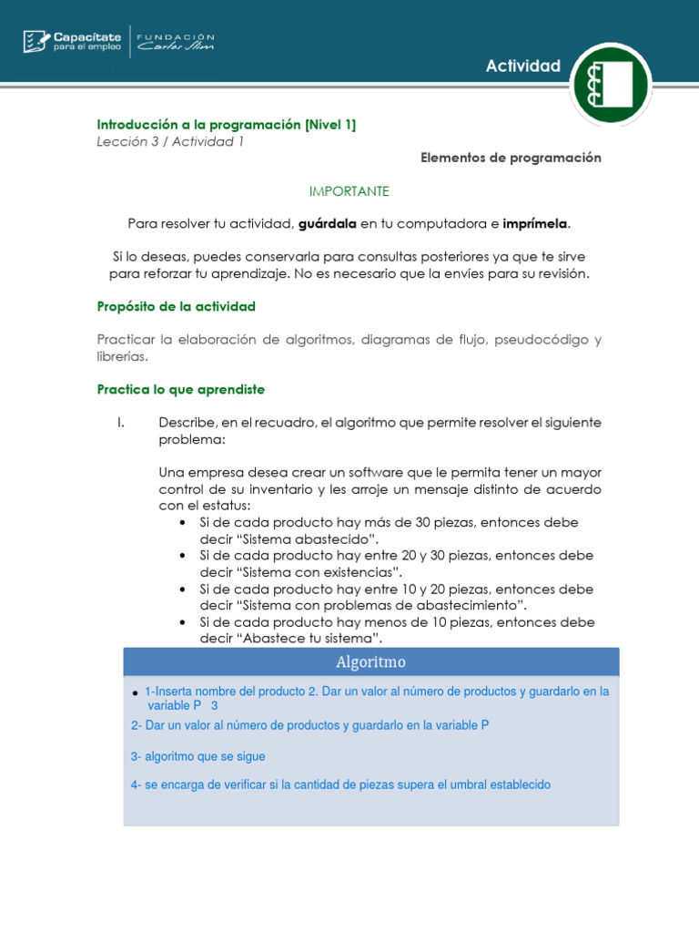 Actividad de Programación y Algoritmos | PDF | Programación | Programa ...