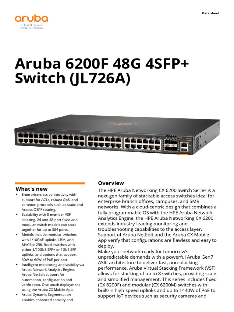 Aruba 6200f 48g 4sfp+ Switch-Psn1012749072dken | PDF | Network Switch ...