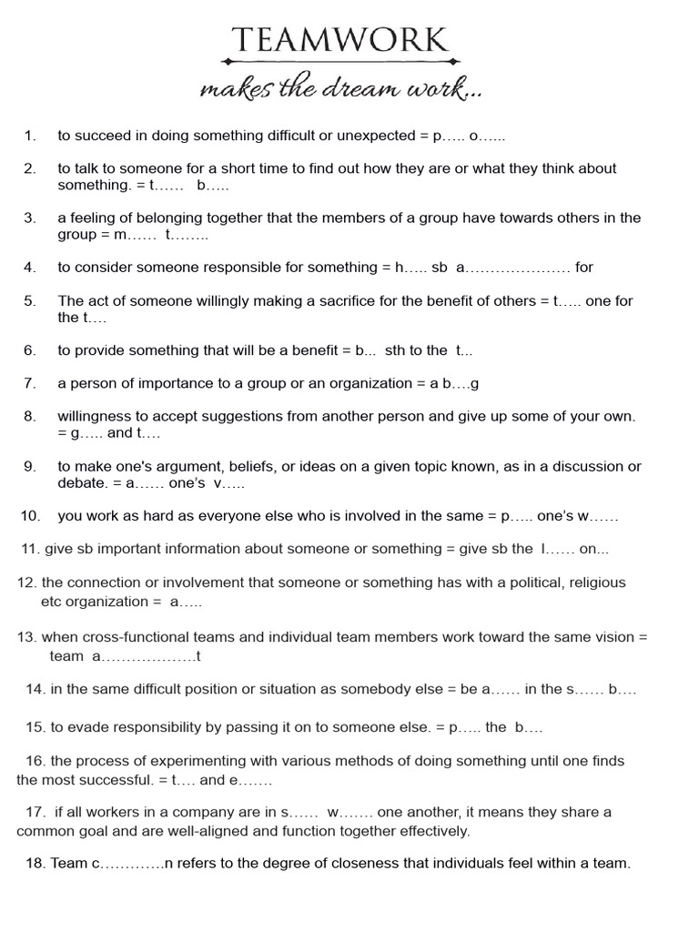 Teamwork Worksheet PDF Leadership Experience