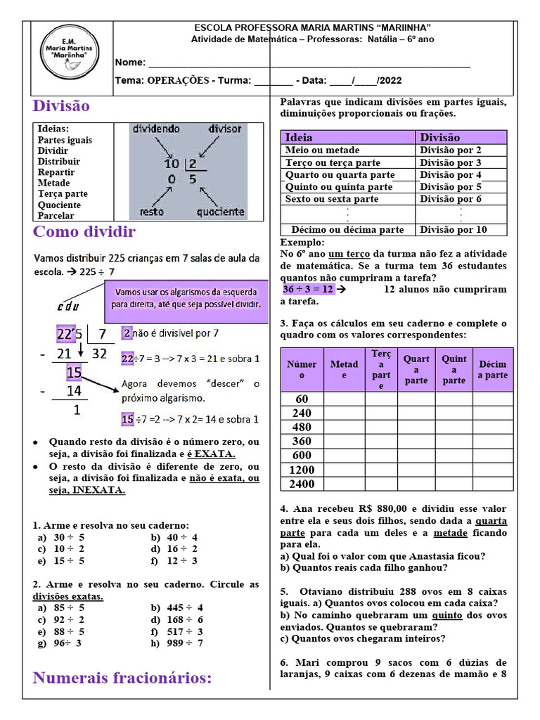 6º Ano Divisão Exercícios | PDF