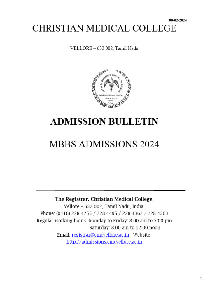 CMC Vellore MBBS Admission 2024 Guide | PDF | Medical School | Debit Card
