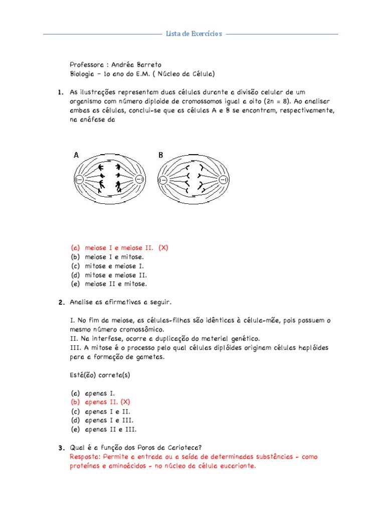 Lista de Exercício Meiose e Mitose | PDF