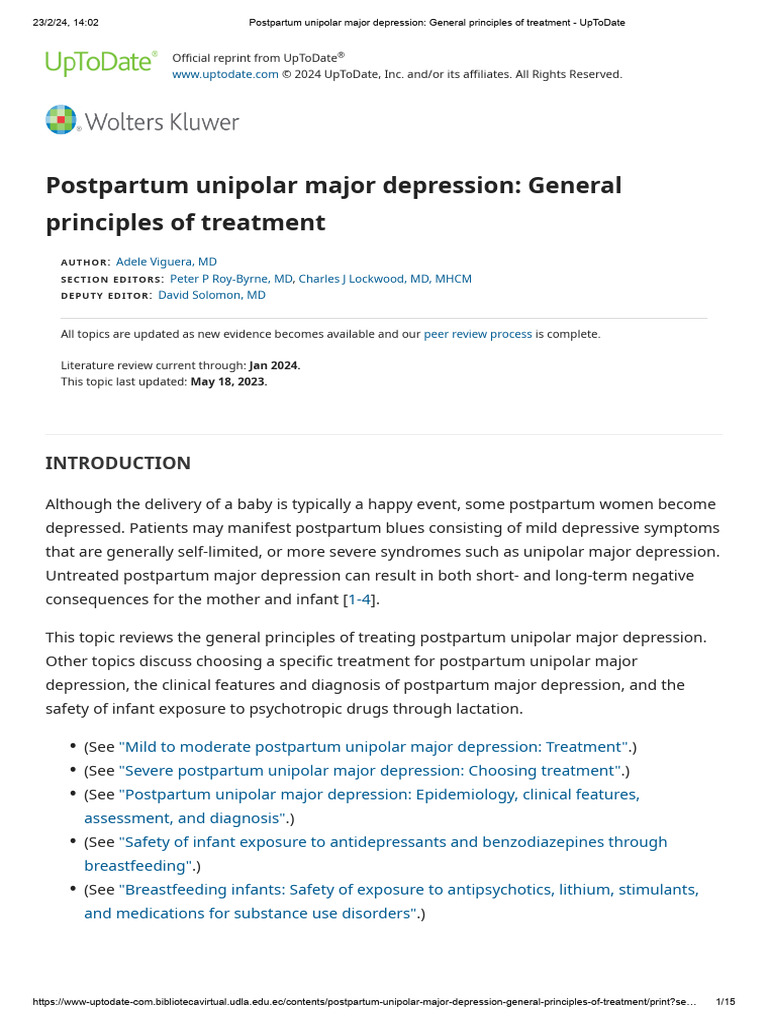 Postpartum Unipolar Major Depression General Principles of Treatment