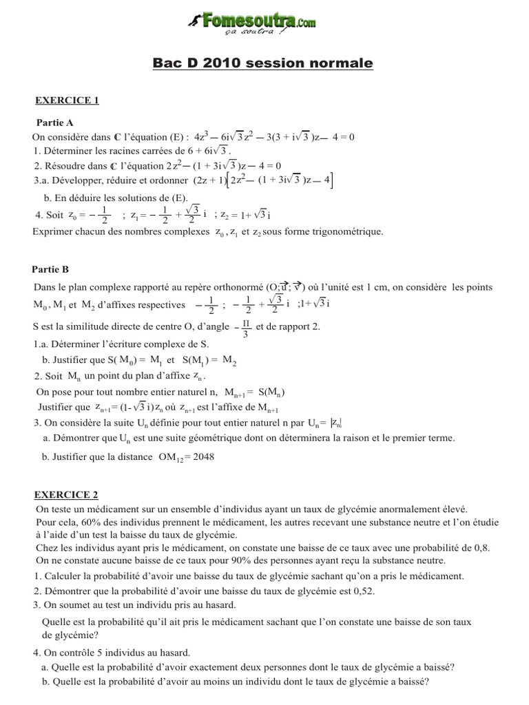 Sujet Bac Maths 2010 | PDF | Nombre complexe | Courbe