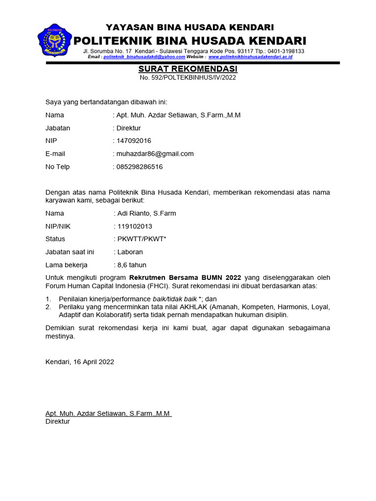 Template Surat Rekomendasi Pdf