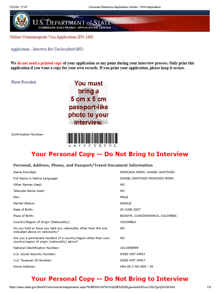 DS-160 Nonimmigrant Visa Application | PDF | Human Trafficking | Passport