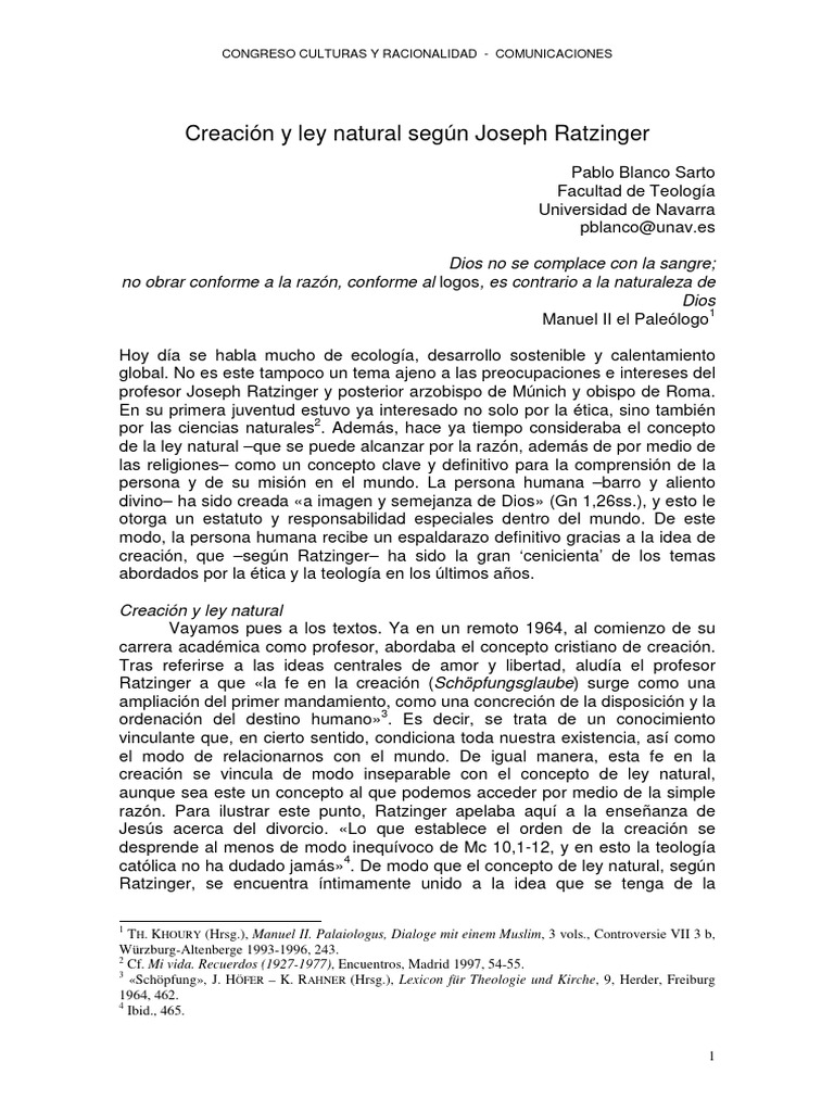 Creación y ley natural en Ratzinger | PDF | Verdad | Papa Benedicto Xvi