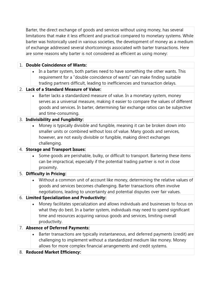 Limitations of the Barter System | PDF | Barter | Money
