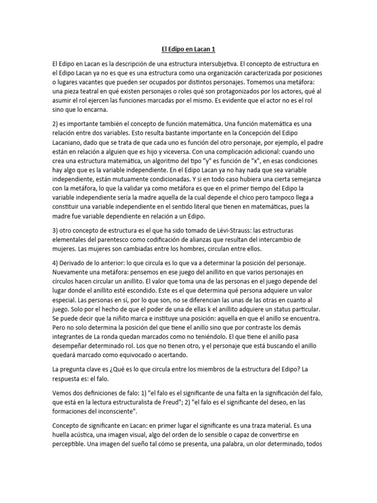 El Edipo en Lacan 1 Y 2 RESUMEN | PDF | Jacques Lacan | Complejo de Edipo