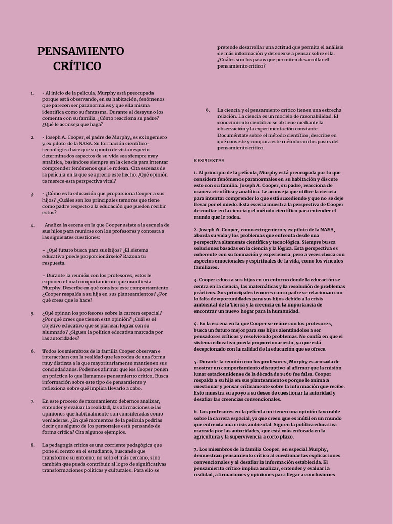 Pensamiento Crítico en "Interstellar" | PDF | Pensamiento crítico ...