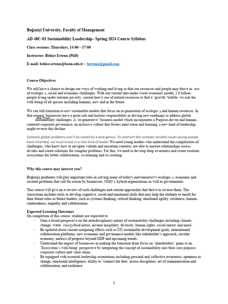 AD 48C Sustainability Leadership Syllabus Spring 2024 | PDF