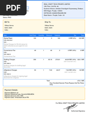 Esahayak rent agreement invoice