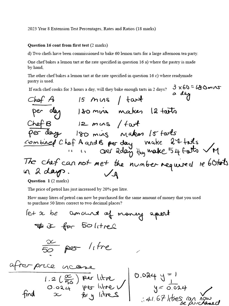 Extension test 2023 percentages rates and ratios year 8 answers pdf
