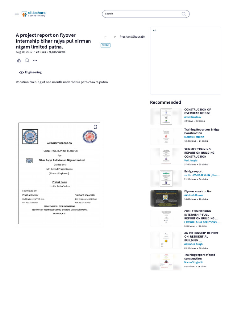 A Project Report On Flyover Internship Bihar Rajya Pul Nirman Nigam