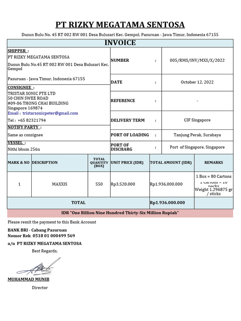 PT Rizky Megatama Sentosa Invoice | PDF