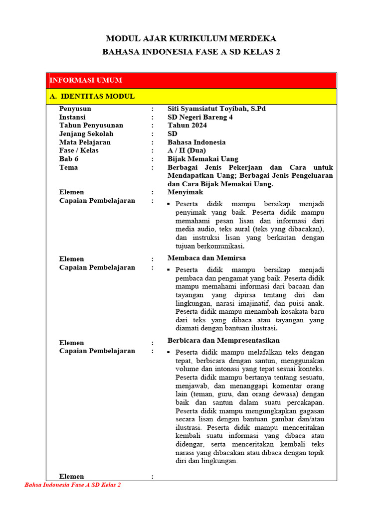 Modul Ajar Bhs Indo Smt 2 Bijak Memakai Uang Pdf