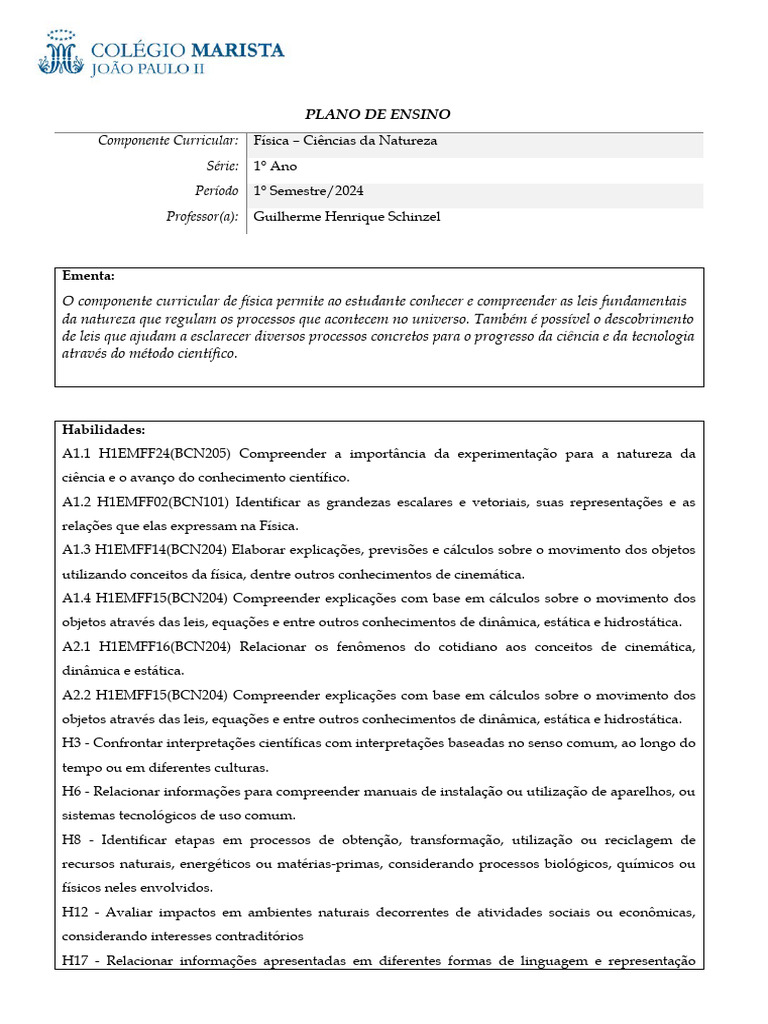 Plano de Ensino: Física 1º Ano 2024 | PDF