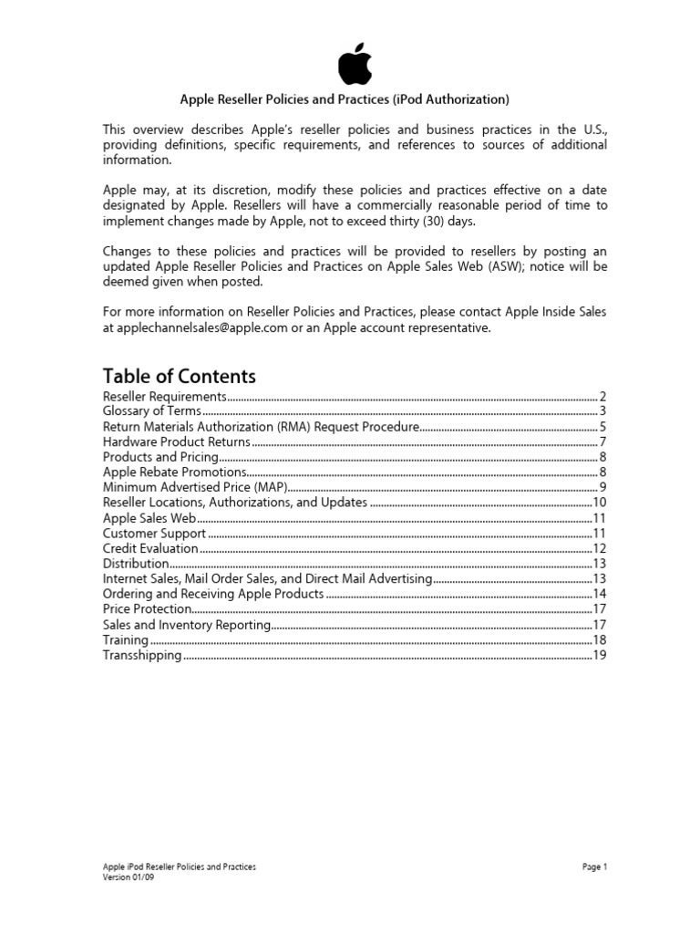 Apple Ipod Reseller Policies and Practices Version 01/09 PDF Apple