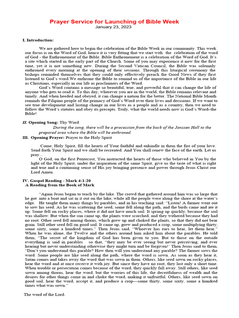 Bible Week Launch Prayer Service | PDF | Prayer | Sowing