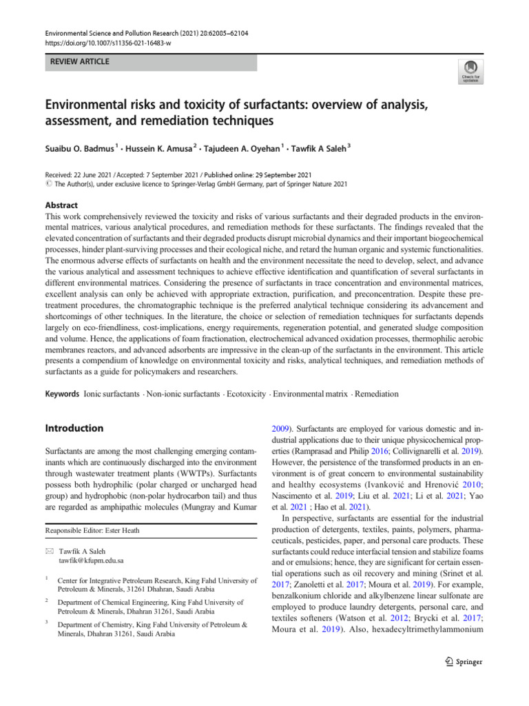 Environmental Risks and Toxicity of Surfactants Overview of Analysis