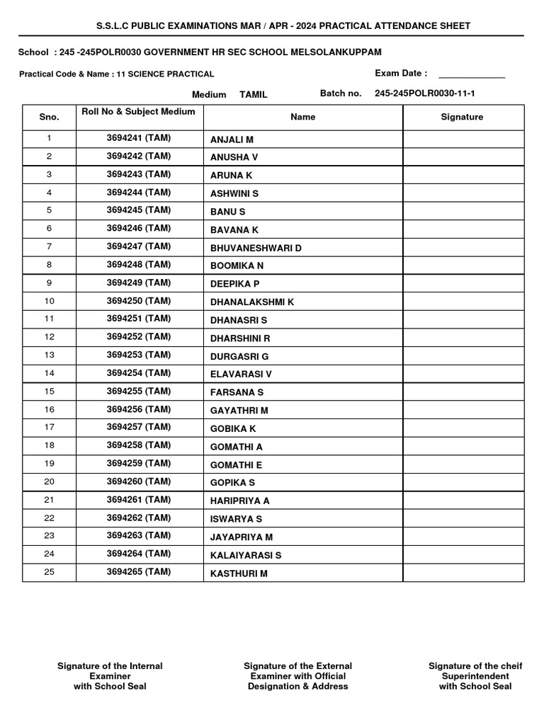 S.S.L.C. 2024 Practical Attendance Sheet | PDF | Tamil Nadu | Tamils