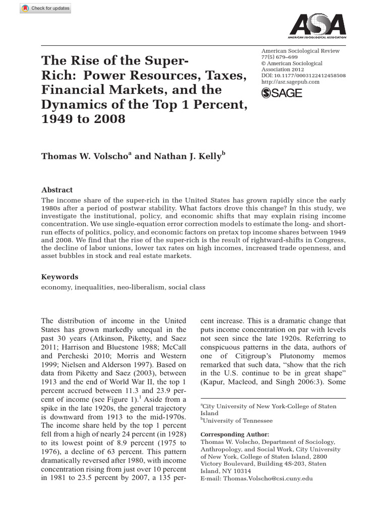 VOLSCHO, Thomas KELLY, Nathan. The Rise of The Super-Rich | PDF