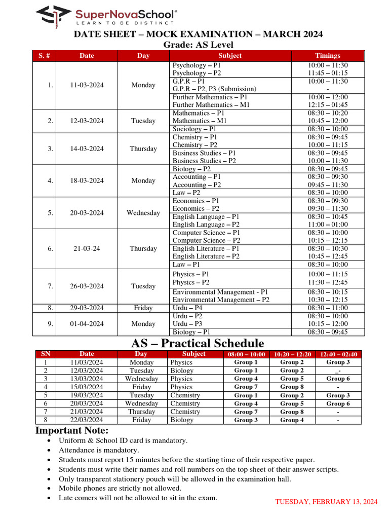 AS Level Mock Exam Schedule March 2024 | PDF | Science