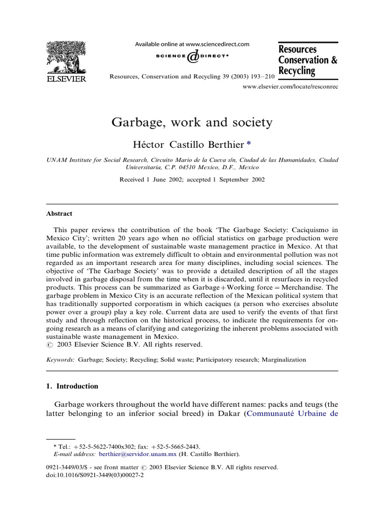 Garbage Work and Society | PDF | Municipal Solid Waste | Waste Management