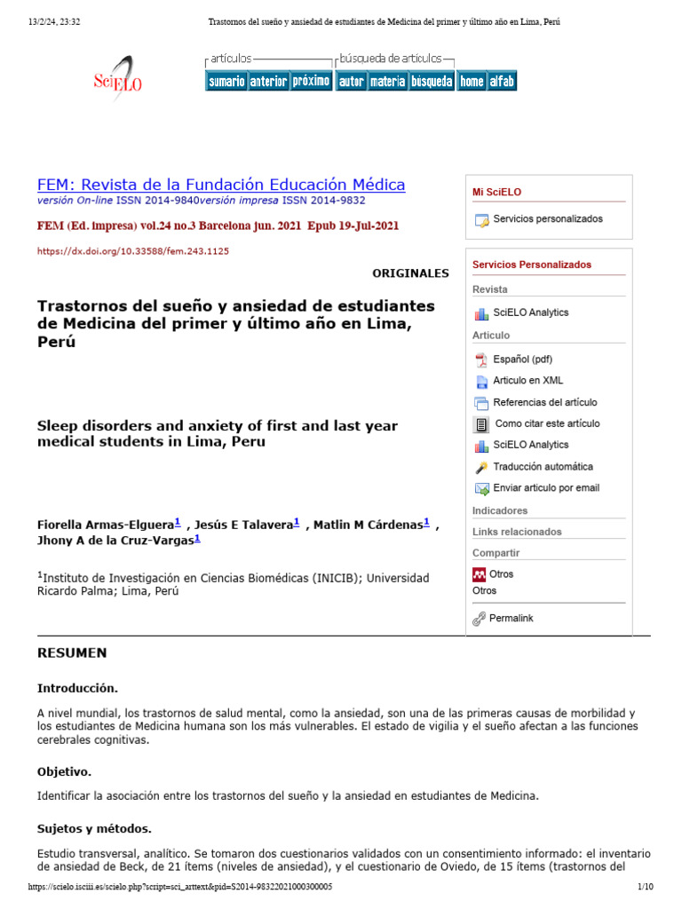Ansiedad y trastornos del sueño en estudiantes de Medicina | PDF
