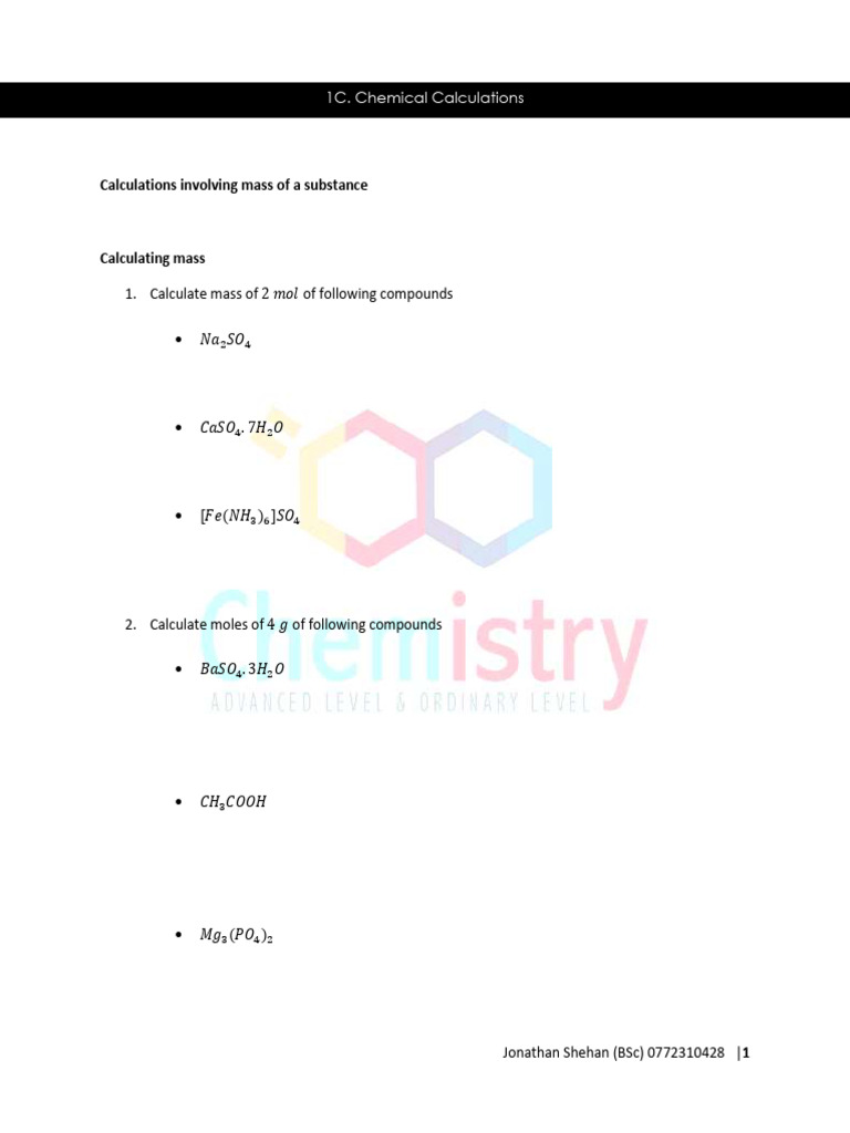 Chemical Mass and Mole Calculations | PDF | Oxide | Combustion