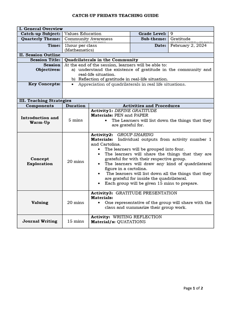 Teaching Guide Catchup Math Values Grade 9 Pdf Learning Cognition