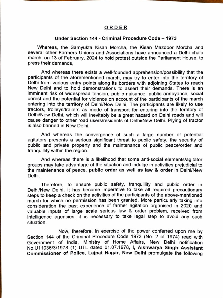 Order US 144 CRPC Kisaan Agitation | PDF | Police | Delhi