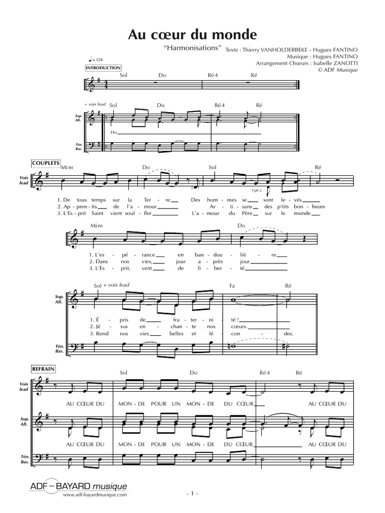 Au cœur du monde Paroles et Partition PDF Amour — free download