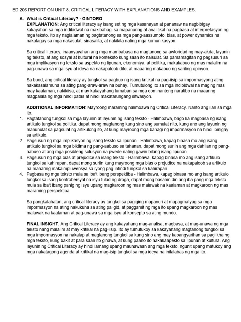 Ed 206 Report On Unit 8 - Critical Literacy With Explanations and ...