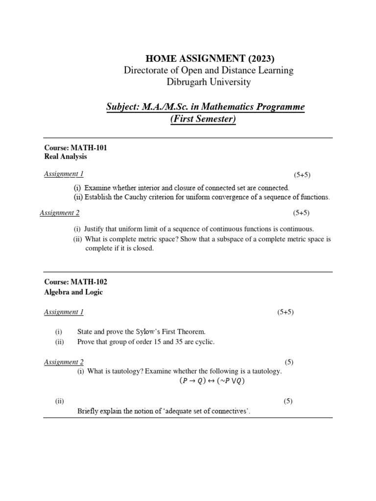 M a m sc mathematics 1st semester home assignment 2023 pdf