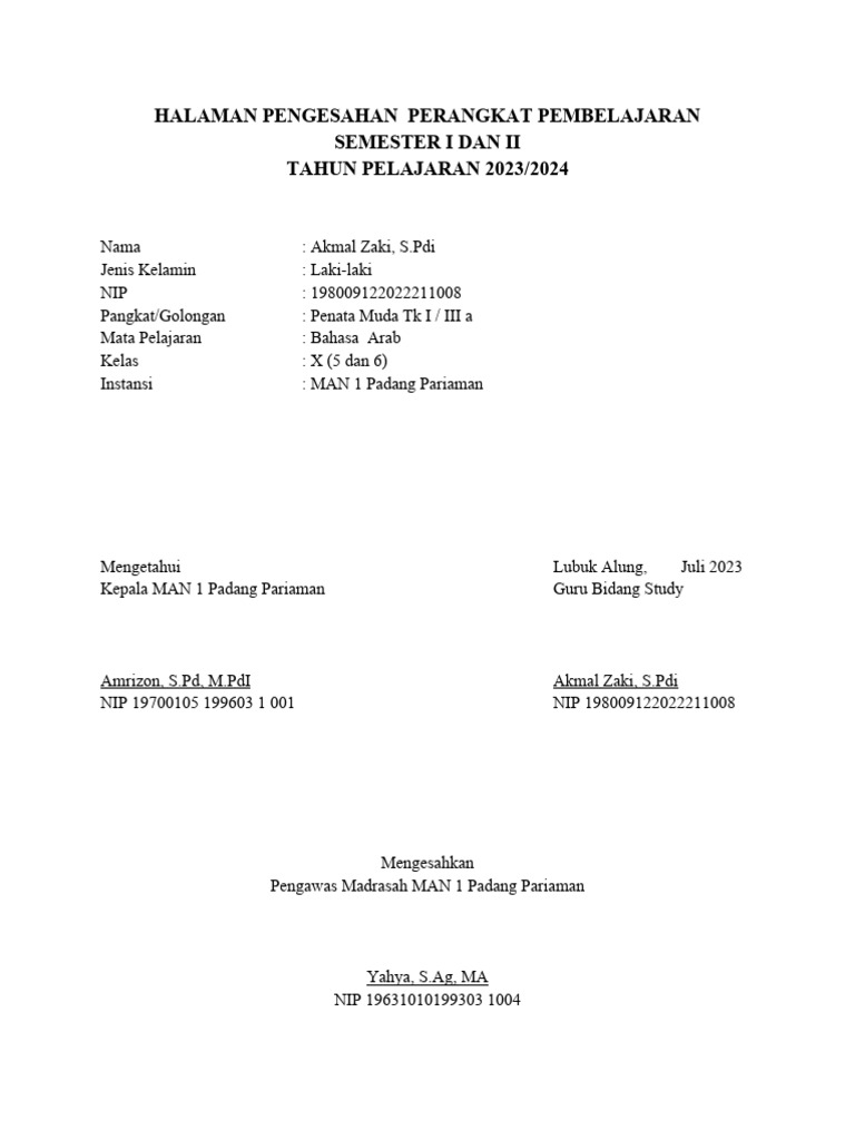 Halaman Pengesahan Perangkat Pembelajaran | PDF