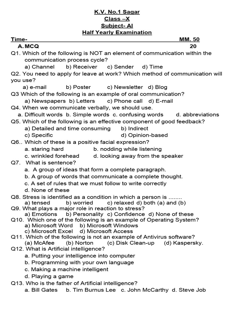 Ai paper class 10 pdf artificial intelligence intelligence ai