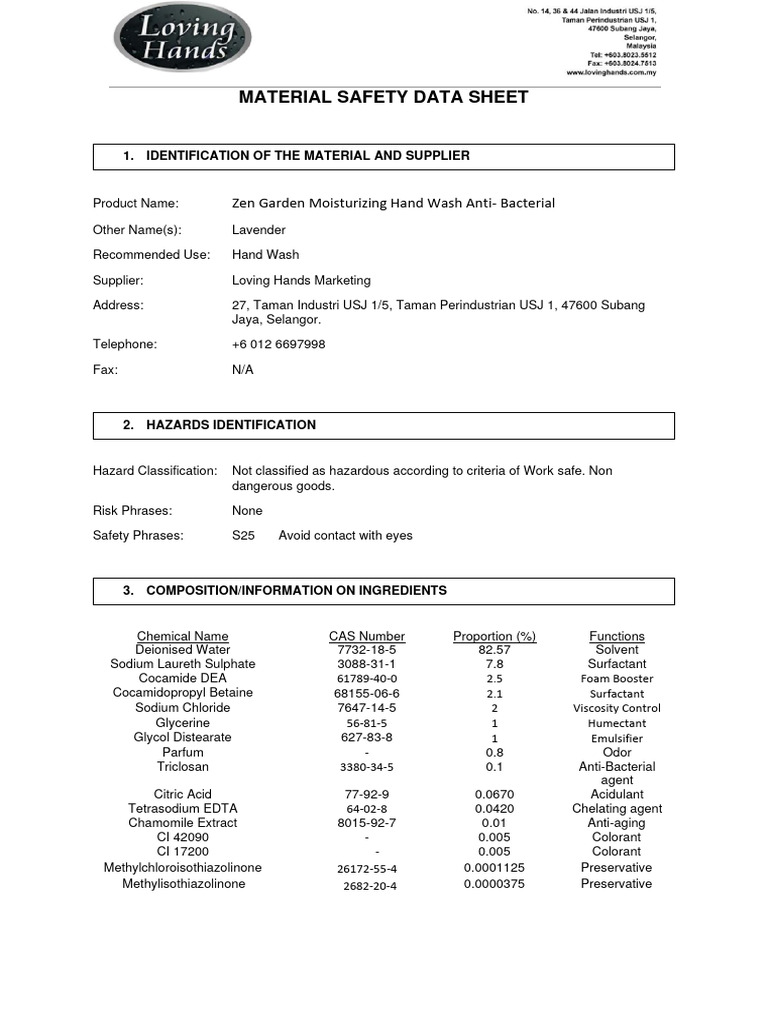MSDS-Zen Garden Hand Wash Lavender | PDF