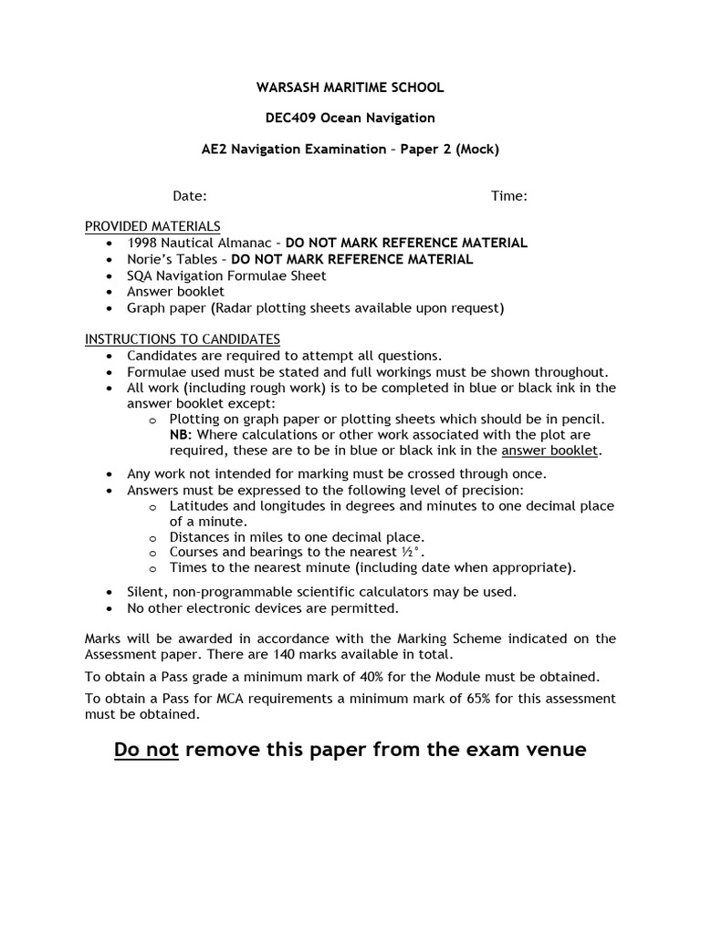 Navigation Exam Paper 2 Instructions | PDF | Navigation | Metrology