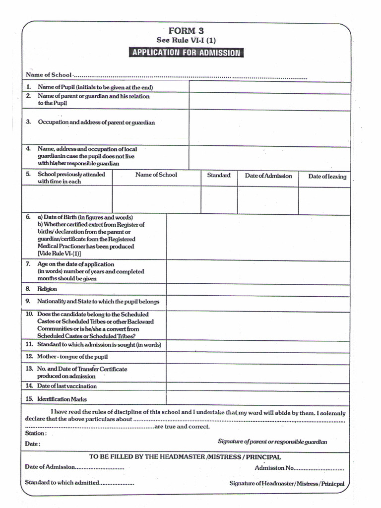 Application For Admission Std. I To VIII | PDF