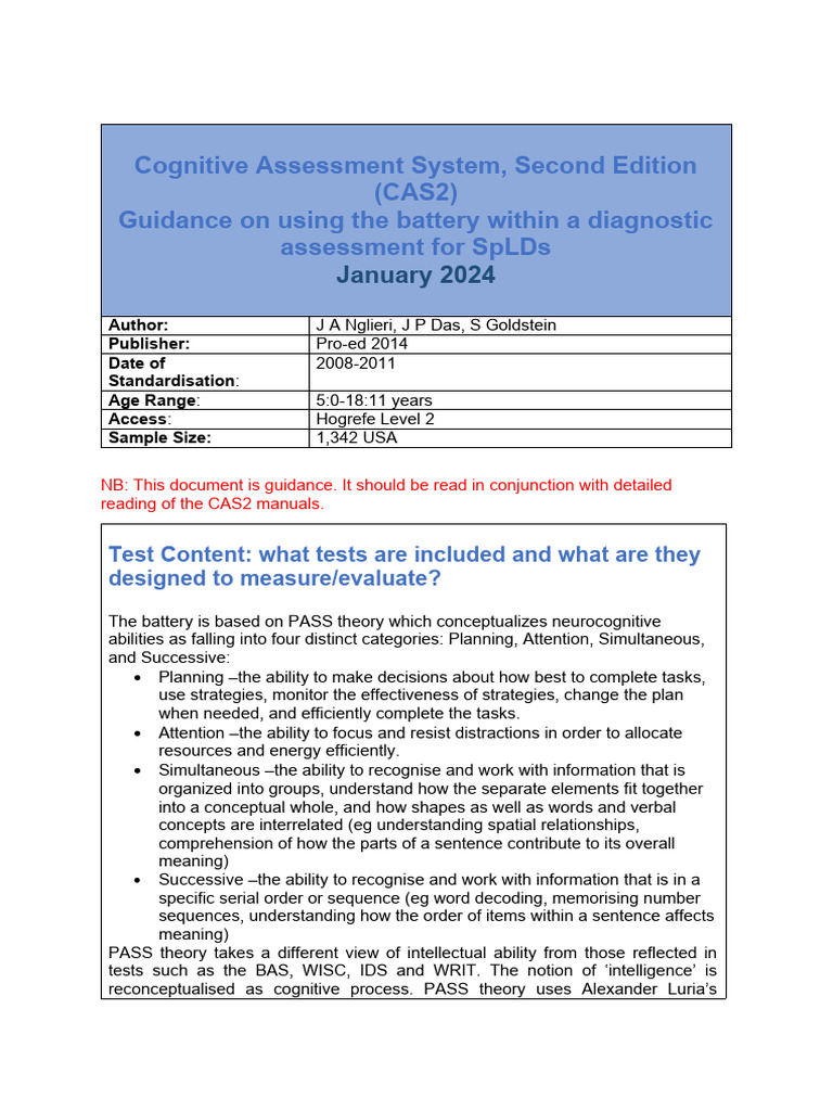 CAS2 Cognitive Assessment Overview | PDF | Attention | Working Memory
