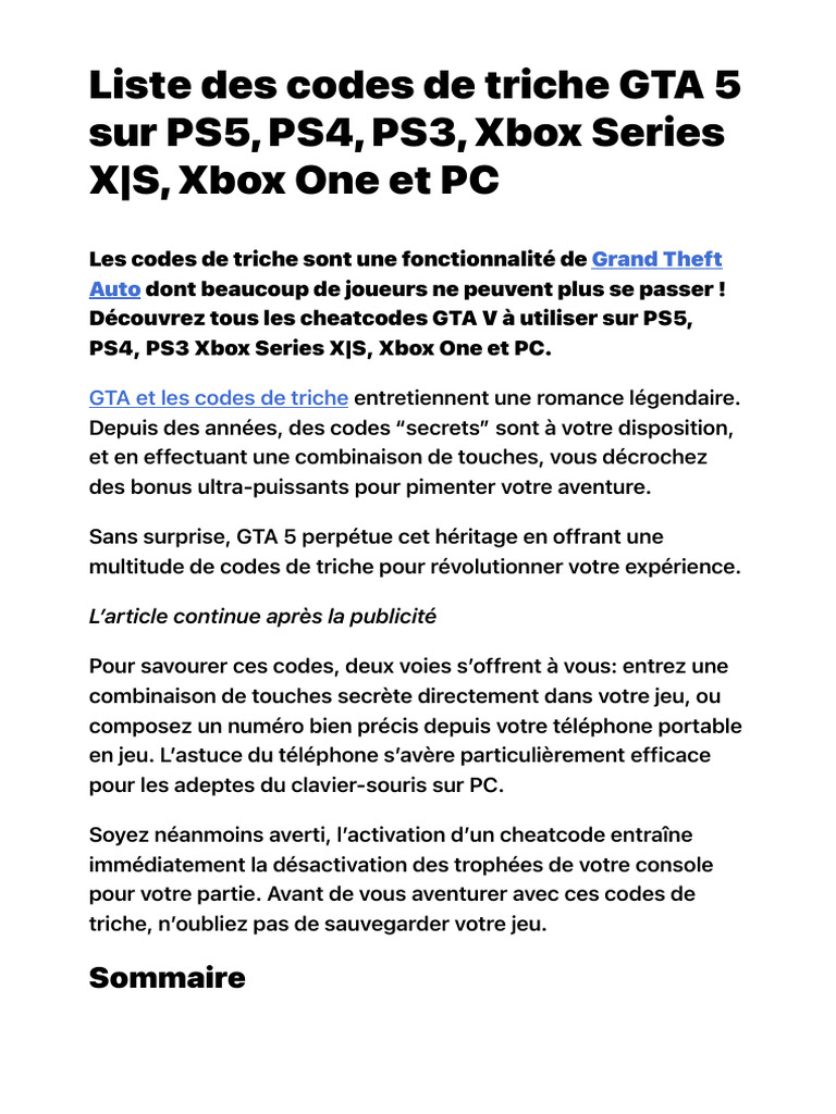 Codes de triche GTA 5 pour toutes consoles | PDF | Playstation 3 | Xbox