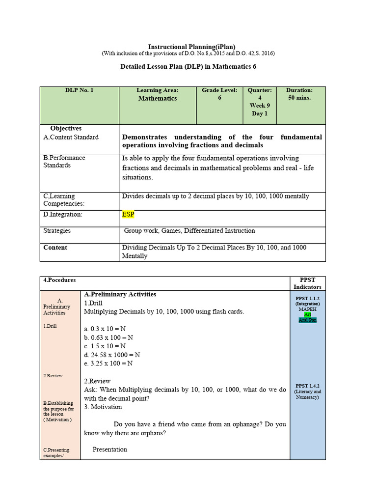 Math 6 Lesson Plan: Dividing Decimals | PDF | Learning | Behavior ...