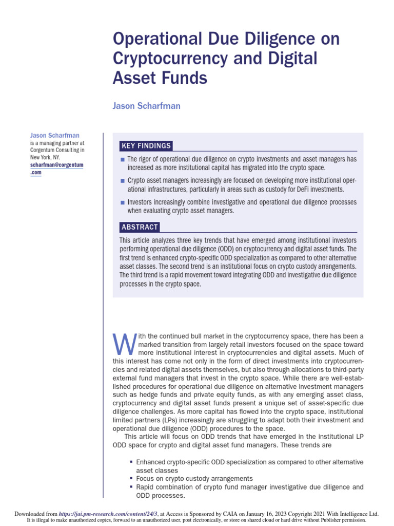 Operational Due Diligence On Cryptocurrency and Digital Asset Funds | PDF