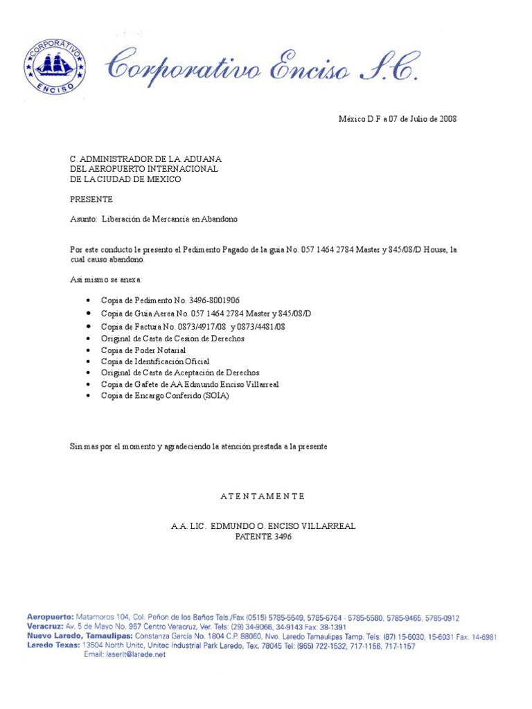 Carta Para La Aduana Pdf