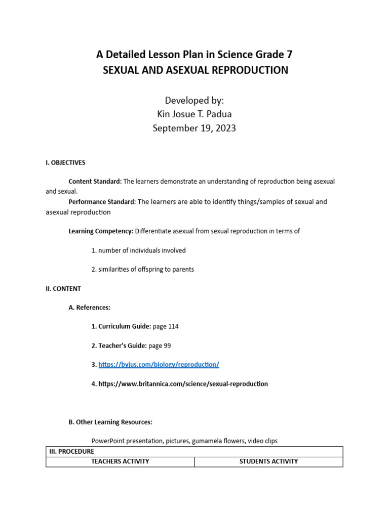 Grade 7 Lesson Plan: Reproduction Types | PDF | Reproduction | Sexual ...