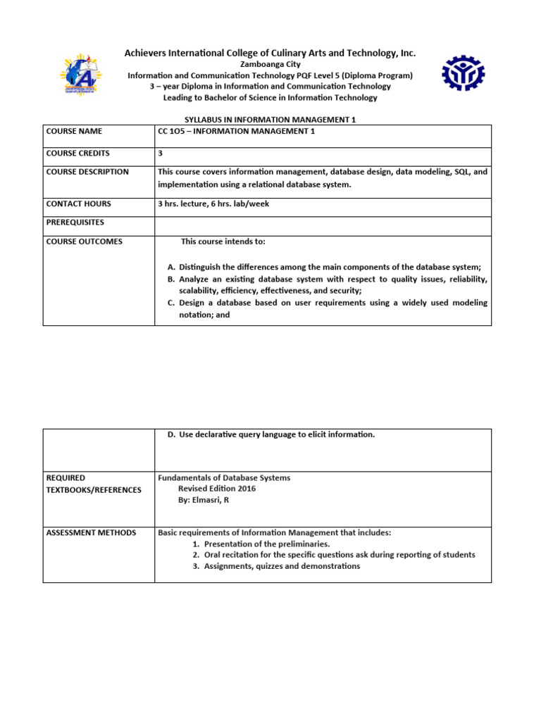 Information Management Course Syllabus | PDF | Databases | Relational Model